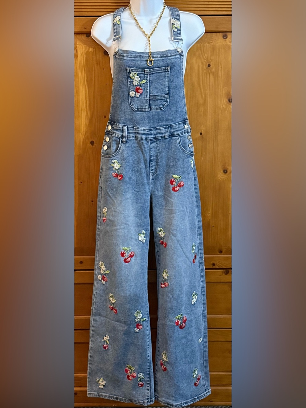 Nina Rossi Womens Light Blue Denim Overalls with Red Cherry Embroidery NWT